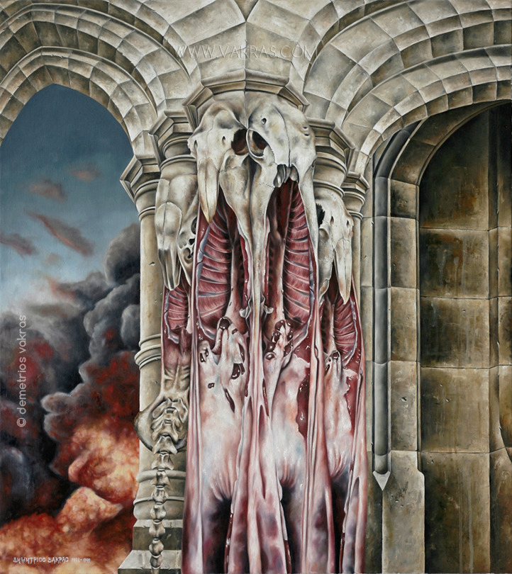 surreal painting of stone archways with animal skulls forming beneath pillar capitals which tranform into rib-cages/carcases