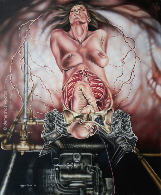 surreal painting of female figure whose hair becomes veins, while her pelvis is attached to motors, while she carries a baby she is birthing