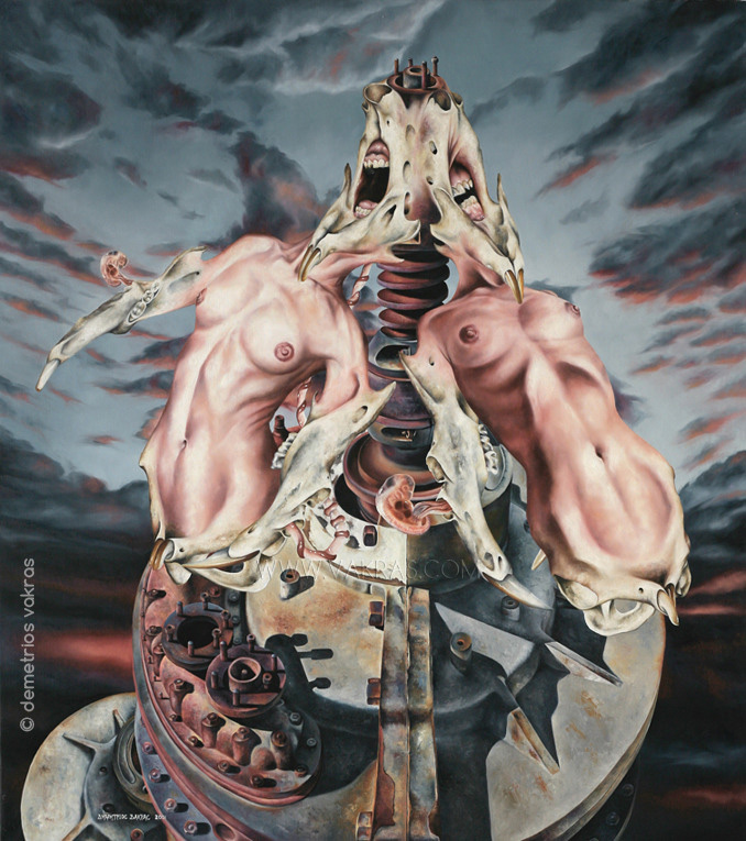 surreal painting of mechanical "cetrifuge" bearing female forms with screaming mouths
