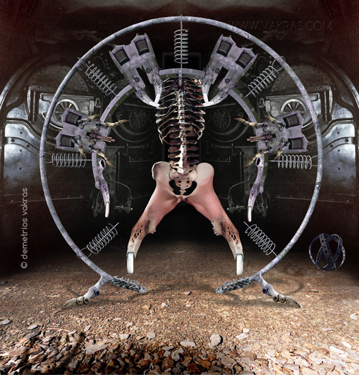 surreal digital photomontage showing two concentric rings with machine parts that appear to be engineering a human form which is still partially skeletal