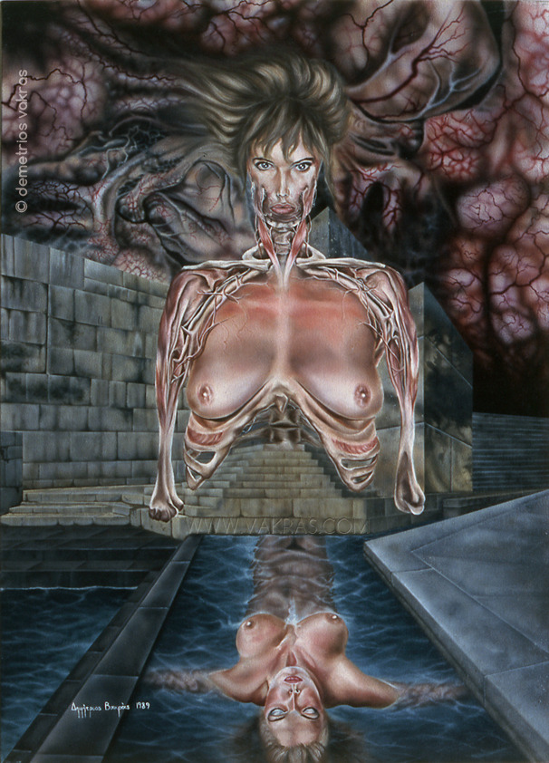 surreal painting depicting a female form disolved into her anatomical parts while another figure floats in a fountain
