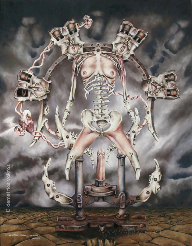 surreal image of mechanical/skeletal “press” in which a central phallus is ready to “stamp” itself into the suspended human (female) form which has been reduced to a pair of legs and breasts held together by its spine. A semi-circular mechanical part with multiple vulvas is suspended above. One vulva is giving birth