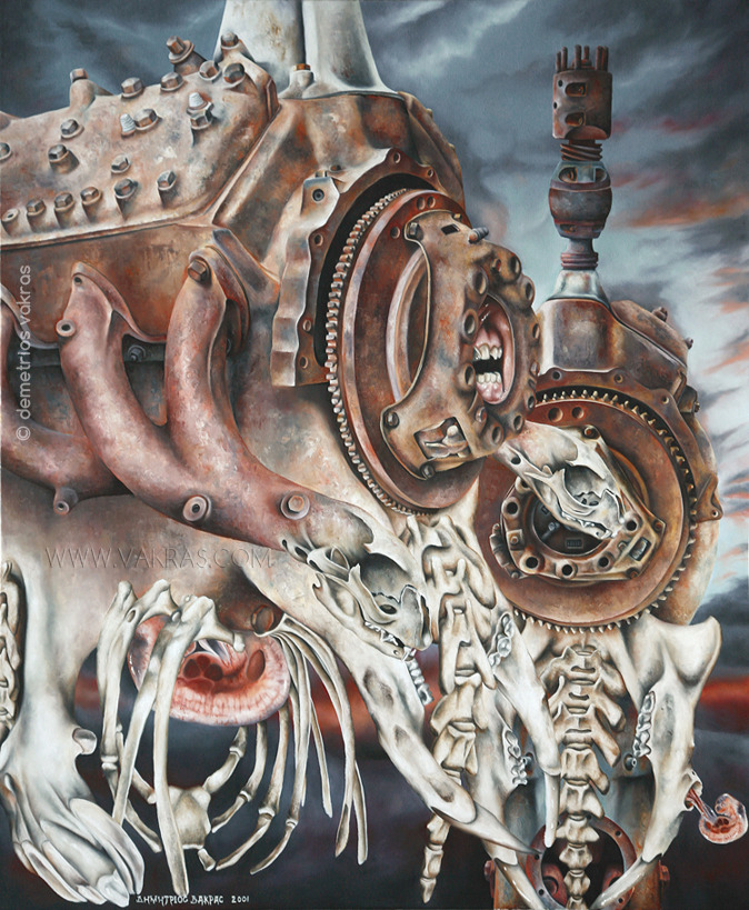 surreal painting of rusted car engine with a screaming mouth. It nurtutes a foetus, while exhaust manifold transmogrifies into cat skulls