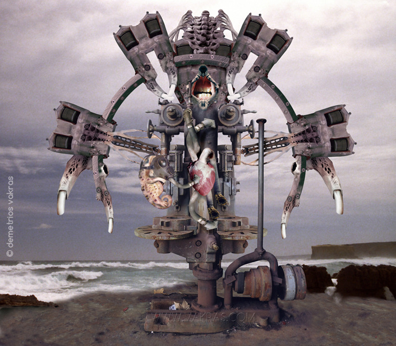 surreal digital image of machine with semicircular part with mouth with gritted teeth and attached heart, which itself has an attached sea-horse foetus wearing a gasmask on a littoral with crashing waves