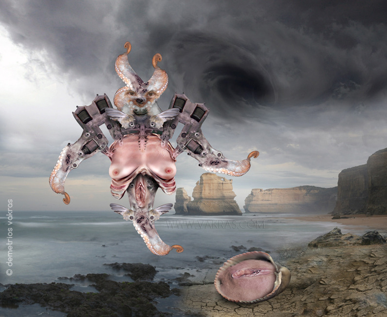surreal digital image of a swastika rand triskelion represented as a “gorgon”, in which the arms of the swastika/triskelion are the arms of a kephalopod (in this instance, an octopus). A sea-shell on the littoral beside the “frothing ocean” (per Homer) has a vulva inside, while the χάος swirls above