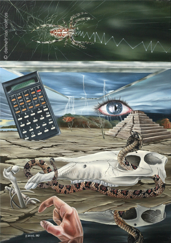 surreal painting of horse-skull with cobra looped through it, while a hand emerges from a dark pond, with an eye on the horizon, a caculator, and Mixtec pyramid