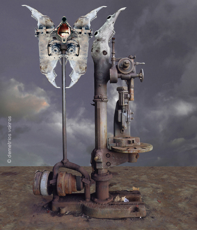 surreal digital image showing mechanical device with bony appendages and mouth