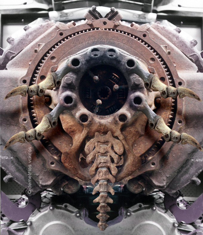 surreal digital image of ossifying car-engine with tail-bone and claws