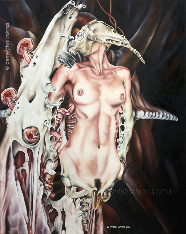 surreal painting of gas-mask wearing female figure growing out of a bony pelvis which terminates in mouse teeth and is protected by a vertical horse skull with a row of foetuses