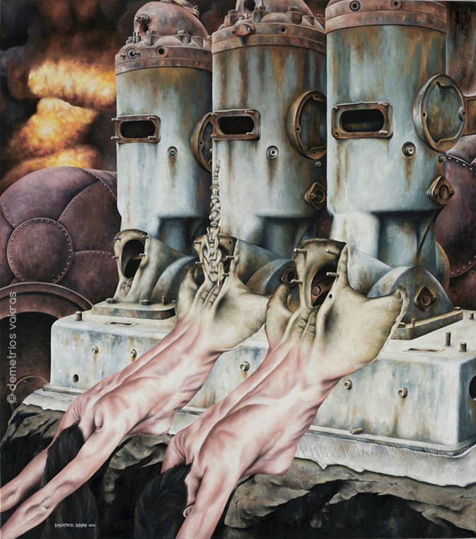 surreal painting, oil, showing female forms, "muses", atached to mechanical devices