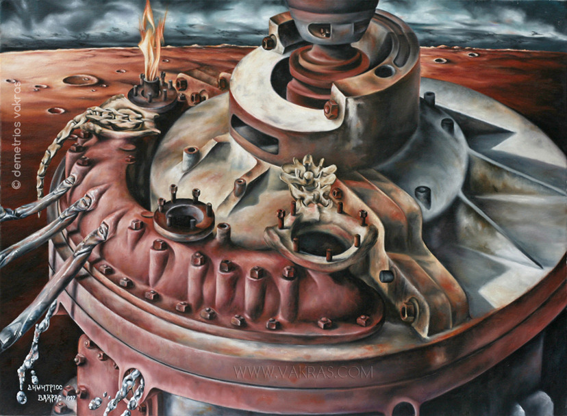 surreal painting depicting circular rusted mechanical contraption situated in a red cratered landscape with bony appendages and crab-legs