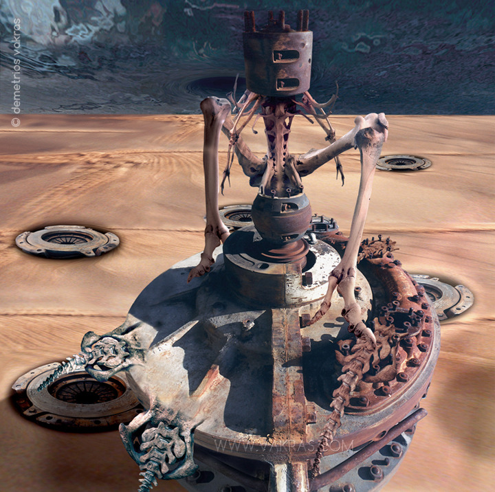 digital photomontage depicting rusted machine part with skeletal appendages