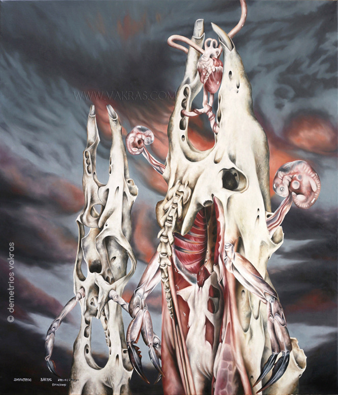 surreal painting of carcass/rib cage evolving into jaw-bones, one with a heart and sprouting foetuses