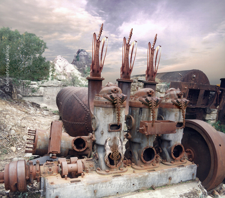 surreal digital image of abandoned steam engines ossifying