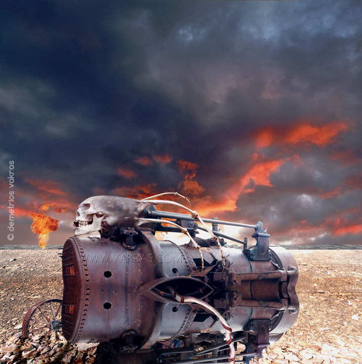 surreal digital photomontage of steam-engine, with human skull and bones, abandoned to the wilderness with red-flame sky