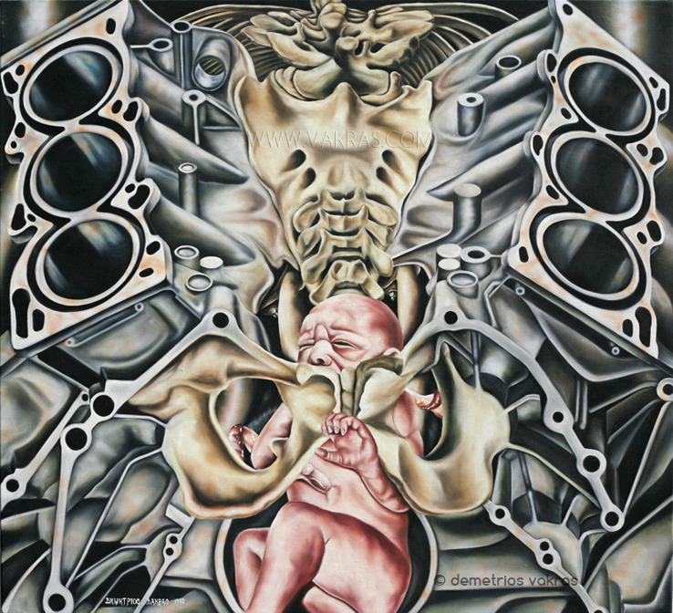 surreal painting of foetus nurtured by mechanical parts that transmogrify into bone