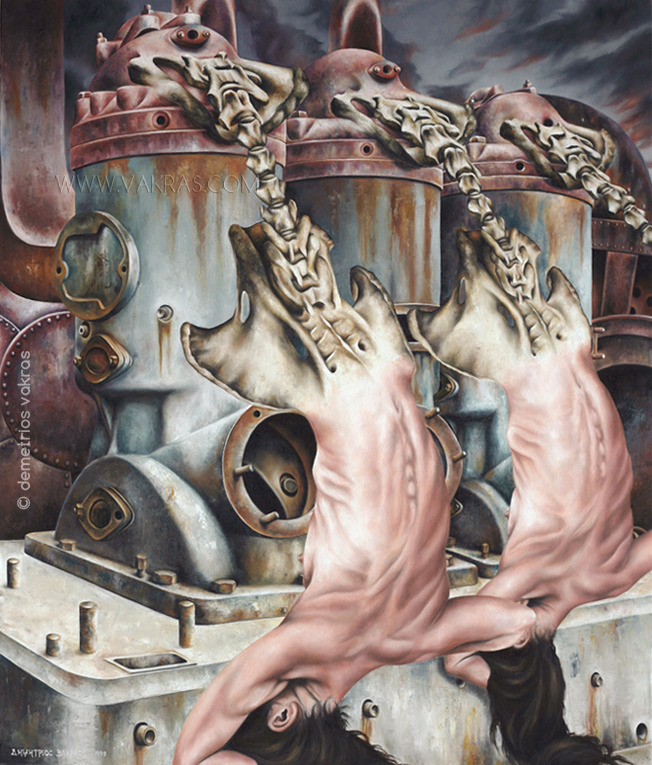 surreal painting with mechanical steam-driven engines from which 