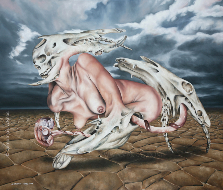 surreal painting of female figure walking on all fours in a cracked landscape whose arms turn into animal skulls, while a foetus floats while attached to an umbilical cord